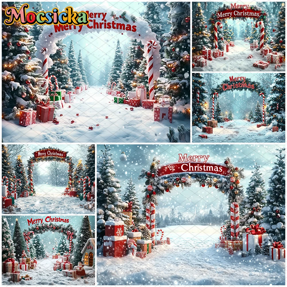 

Mocsicka Merry Christmas Background Photography Shooting Props Xmas Tree Snow Forest Gifts Decorations Children Backdrops Banner