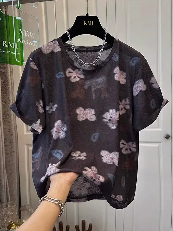 Extra Large 300 Pounds European Style Mesh Printed Short Sleeve T-Shirt Women Summer Thin Loose Casual Elastic Elegant Top