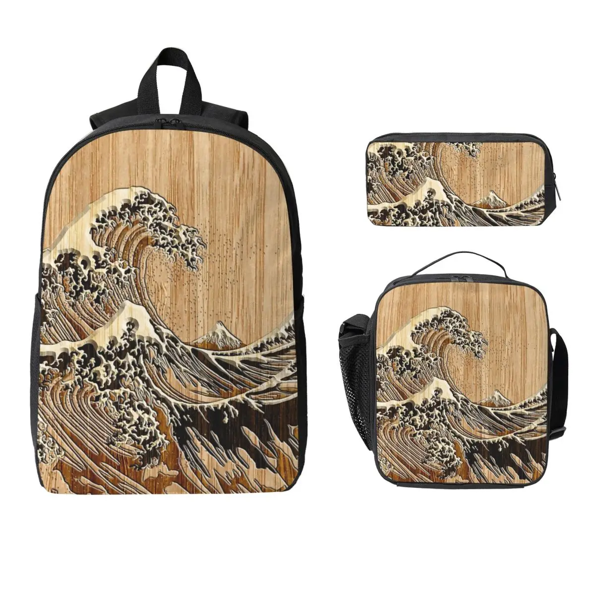

Рюкзак The Great Hokusai Wave в стиле бамбуковой инкрустации, сумка для книг, школьная сумка, сумки на плечо, изолированная сумка для обеда 3 шт., пенал