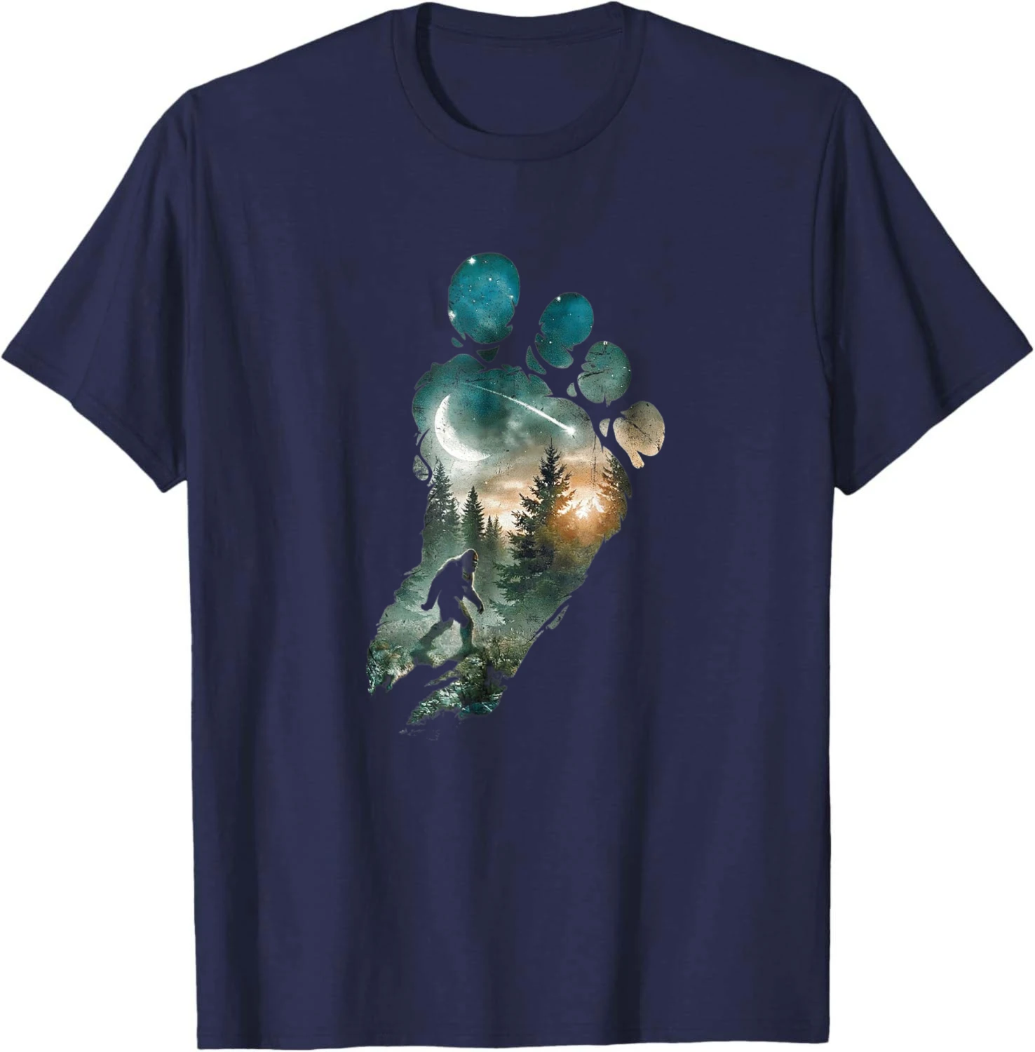 Bigfoot Footprint Moon Light Mountain Trees Forest Sasquatch T-Shirt Funny Women Men Cotton T-shirt Camiseta Streetwear