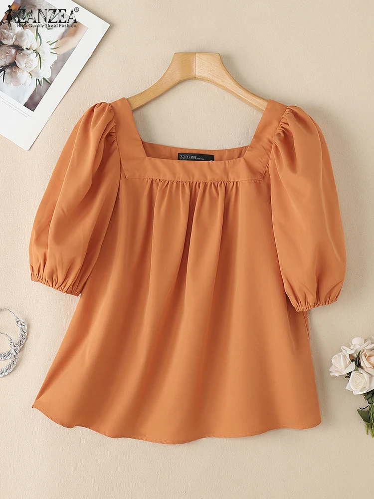 

ZANZEA Commute Solid Woman Blouses Sweety 2025 Summer Square Neck Korean Fashion Smock Tops Short Puff Sleeve Blusas Mujer
