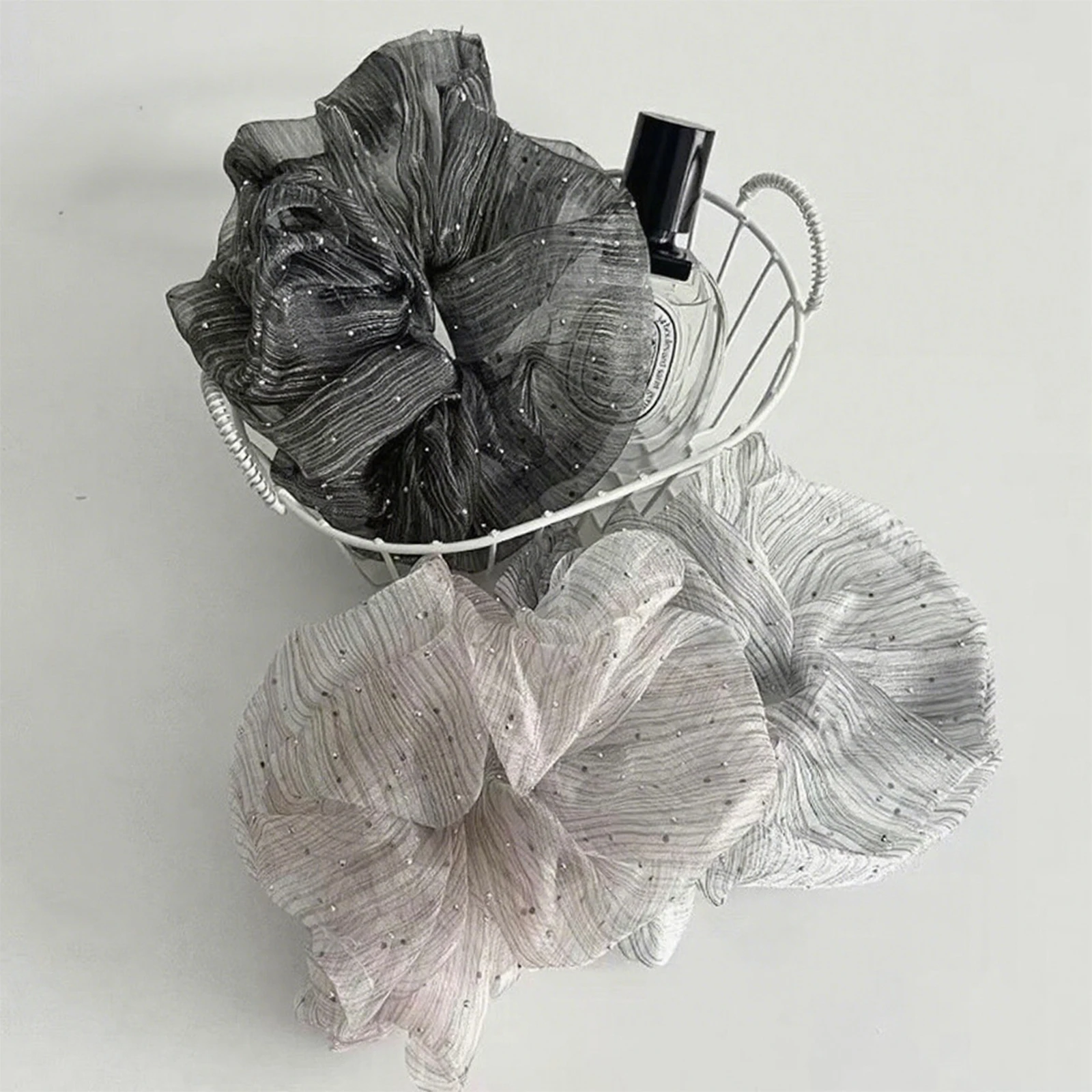 Damen Seersucker Gypsophila Silber Filigran Dauerwelle Dickdarm Scrunchie Modisches gestreiftes Stirnband Haarschmuck