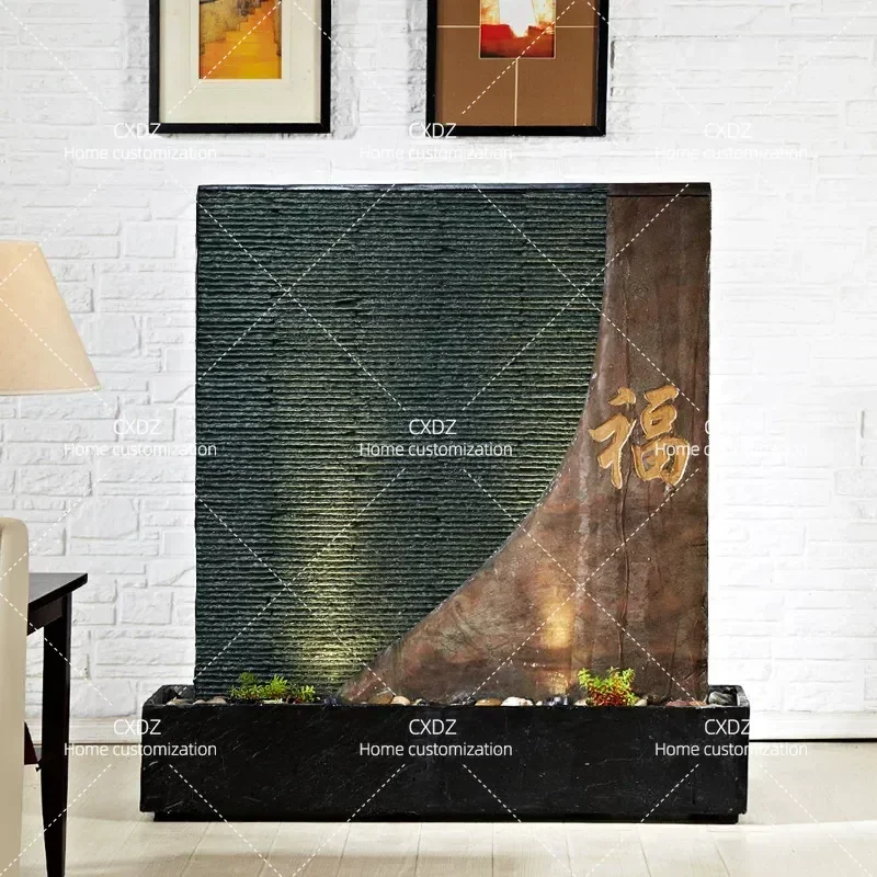 Large Floor to Ceiling Water Curtain Wall Rockery Flowing Water Fountain Feature Chinese Living Room Stone Decorative Feng