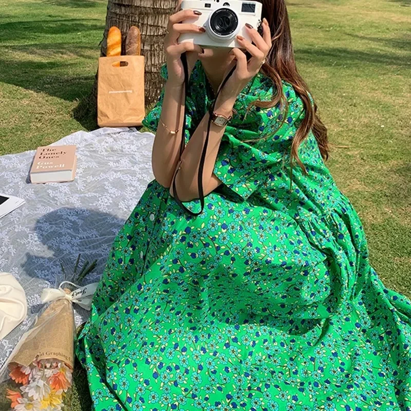 GELITAYIN été décontracté robes florales femmes à manches courtes Vintage imprimé fleuri longue robe femme ample robe verte femme Vestido