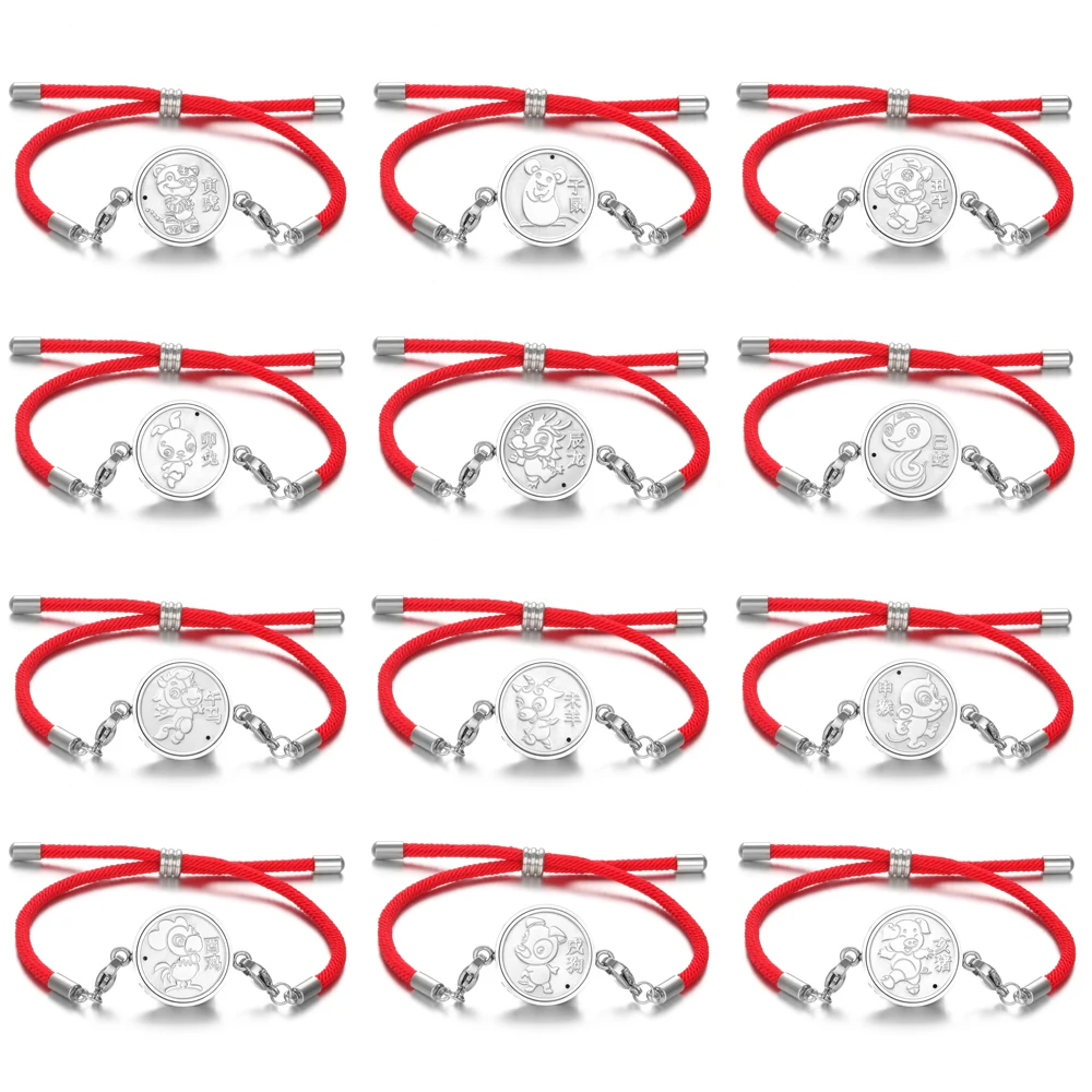 Bracciale per aromaterapia in acciaio inossidabile Corda rossa 12 Animali dello zodiaco cinese Profumo Bracciale con diffusore di olio essenziale Gioielli con aroma