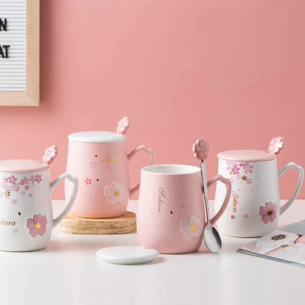 

Relief Cherry Blossom Ceramic Mug With Lid Spoon Heat-resistant Mugs Milk Coffee Cup Couple Tea Juice Cups Drinkware