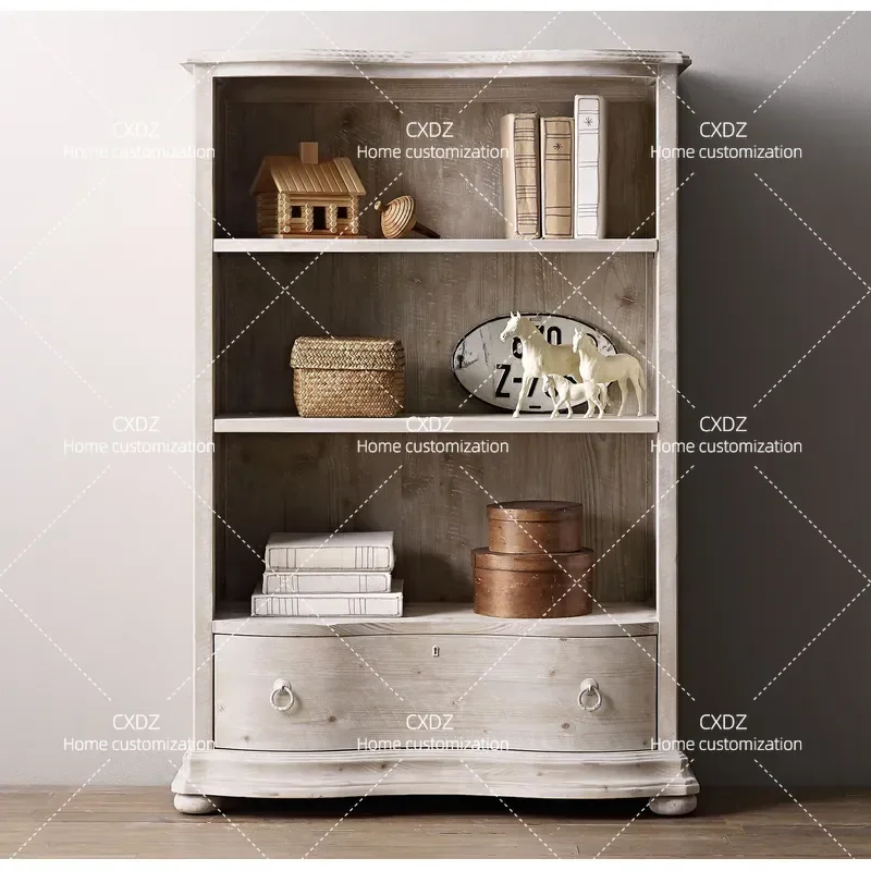 European solid wood old bookcase American country oak carved bookcase simple European retro bookshelf display cabinet
