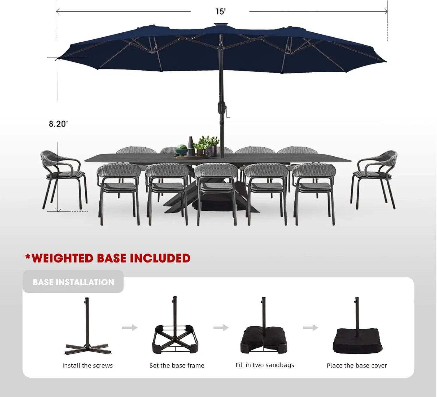 15ft Large Patio Umbrellas with Base Included, Outdoor Double-Sided Umbrella with Crank Handle, Powerful UV Protective