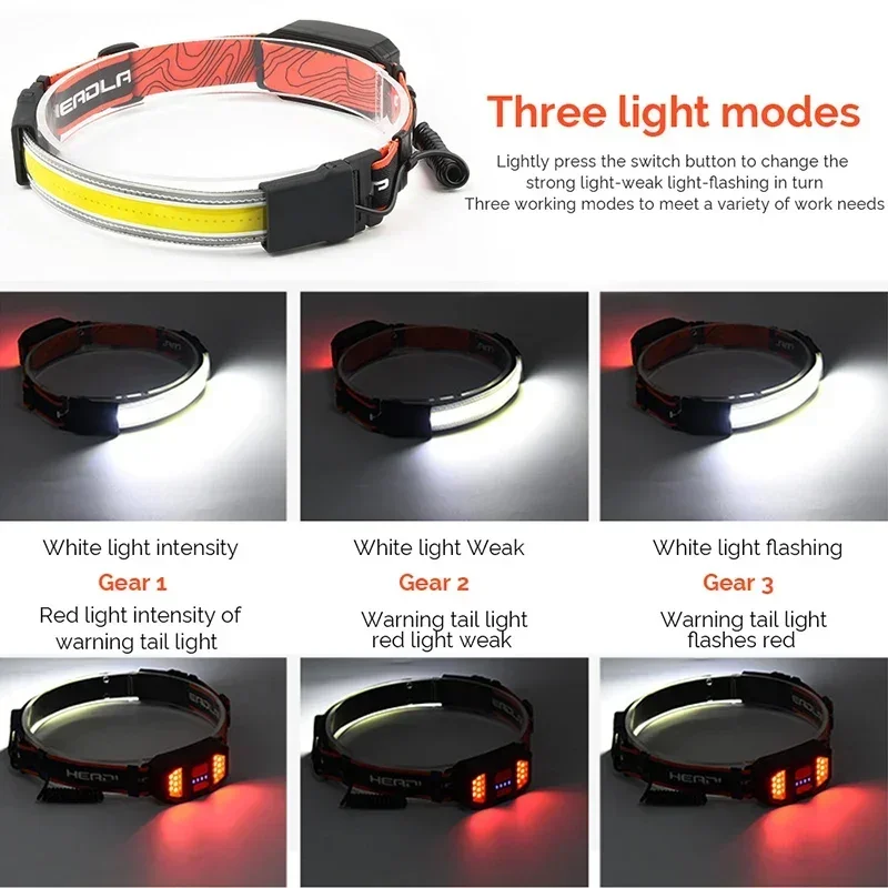 Linterna frontal brillante COB recargable para correr al aire libre luz de advertencia roja lámpara de trabajo de emergencia impermeable al aire libre para pescar