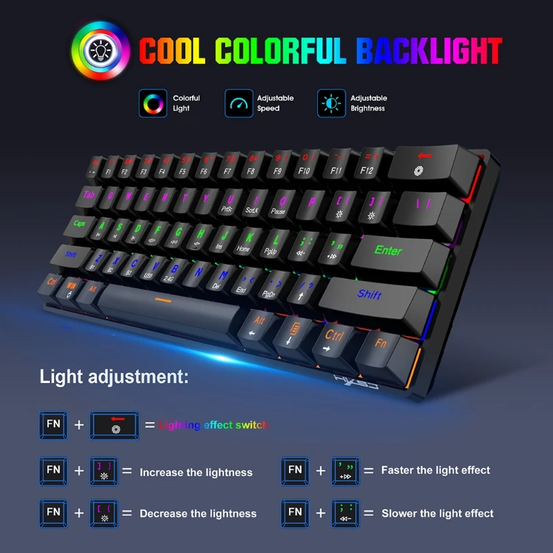 3 modos com fio/sem fio compatível com BT 5.0 61 para teclado retroiluminado RGB chave para PC