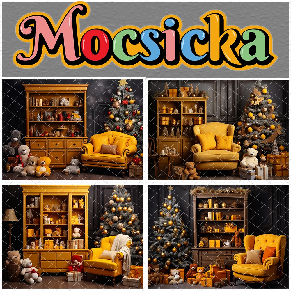 Indoor Christmas New Year Background For Children Portrait Birthday Party Photography Cabinet Sofa Bear Xmas Tree Decor Props