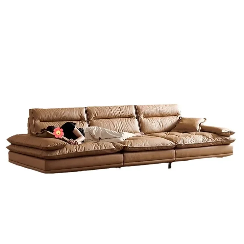 

Light luxury living room leather sailing sofa, caramel-colored movable backrest, super wide and deep sitting, straight row three