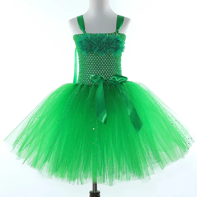 AD1 Grüne Blumen-Fee-Prinzessin-Kostüme für Mädchen, glitzerndes Ballett-Tutu-Kleid für Kinder, Weihnachten, Halloween-Outfit mit Flügeln, Mag5@rD~