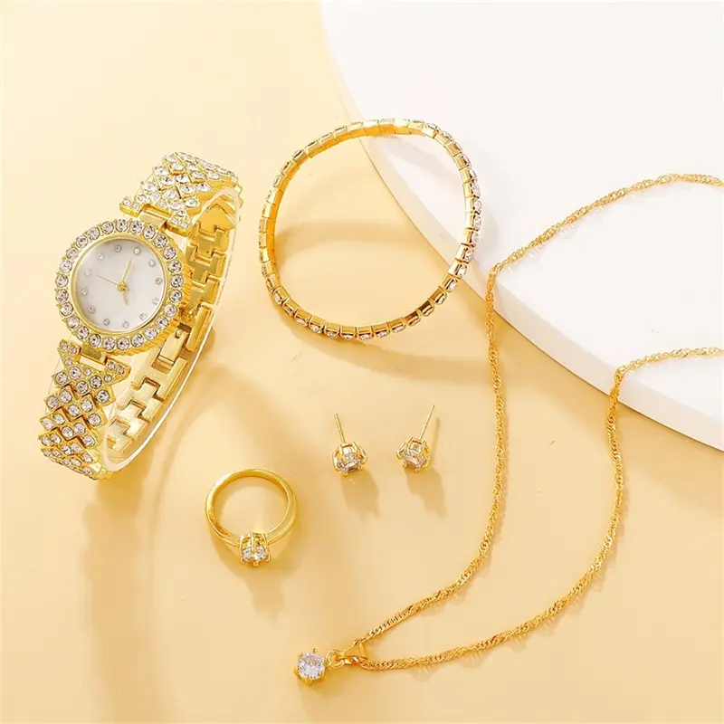 6 pçs conjunto de relógio de luxo feminino anel colar brinco strass moda relógio de pulso casual senhoras relógios pulseira conjunto relógio