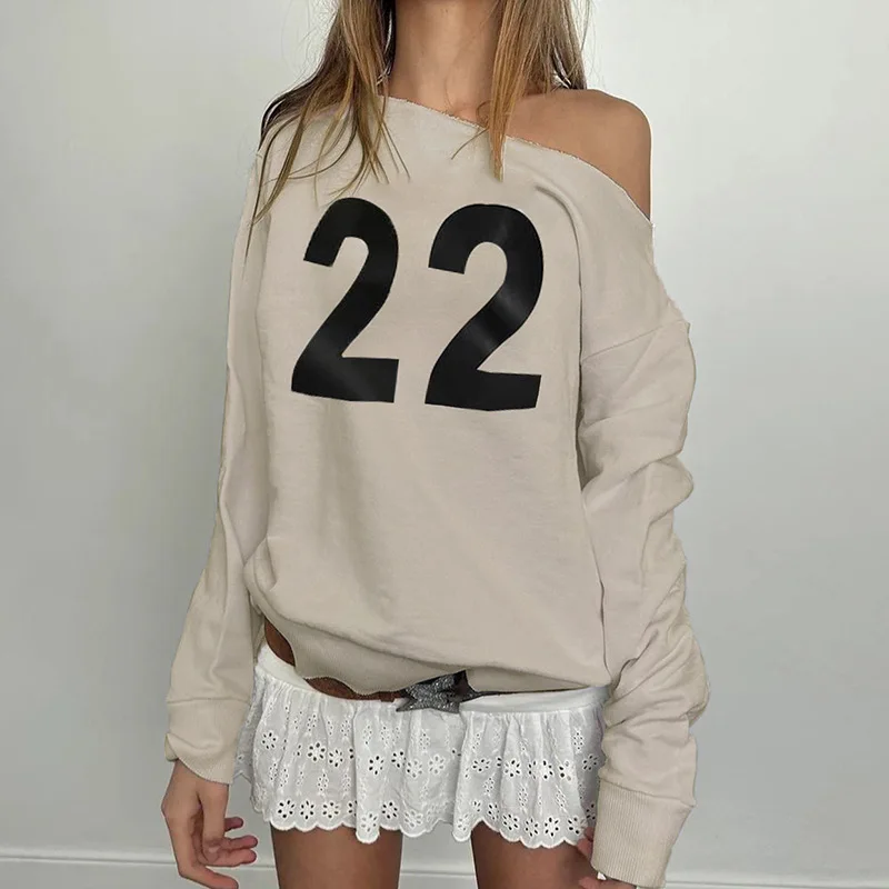 Autumn Digital Printed Loose Spicy Girls Sexy Slanted Collar Off Shoulder Casual Long Sleeve Sweatshirt