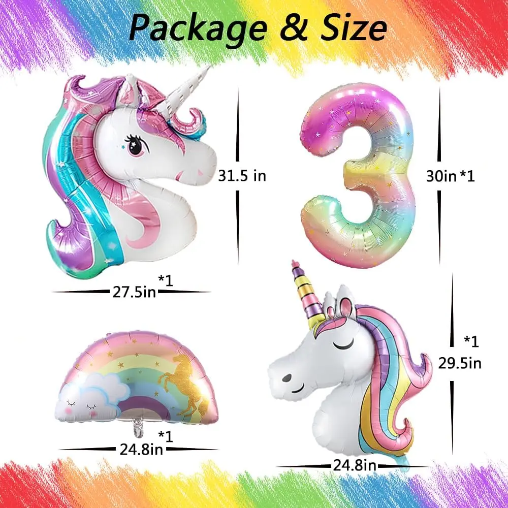 17pcs Rainbow Unicorn Theme Balloons Kit Large Unicorn Helium Balloon 40inch Rainbow Number 1-9 Girls Birthday Party Decorations