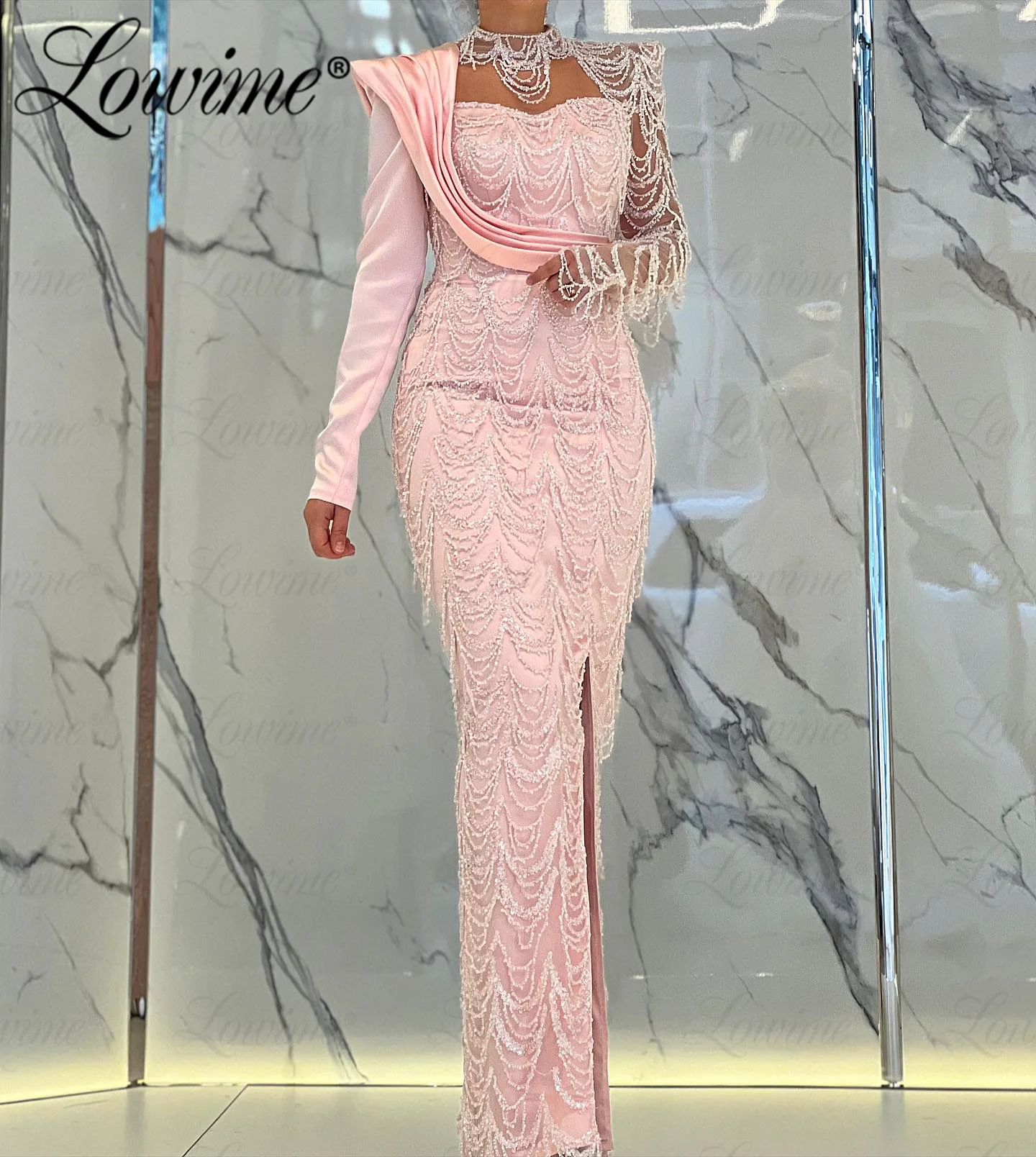 Pink Silver Evening Dresses Formal Long Sleeve Mermaid Arabic Party Gowns For Weddings Robe Beaded Aso Ebi Second Reception Wear