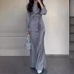 Women Dress Long Dresses Muslim Full Sleeve Party Sexy Slim Fit A Line Lace Up Splice Tight High Waist Elegant Solid Vestidos