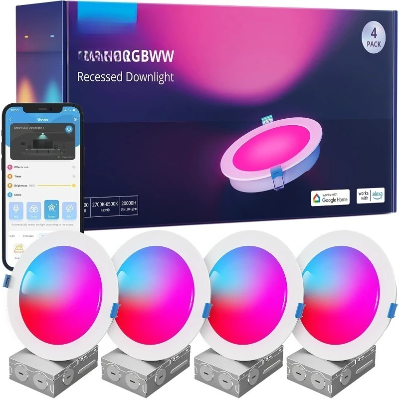 

Smart Recessed Lighting 6 Inch, Wi-Fi Bluetooth Direct Connect RGBWW LED Downlight, 65 Scene Mode, Canless Recessed Light