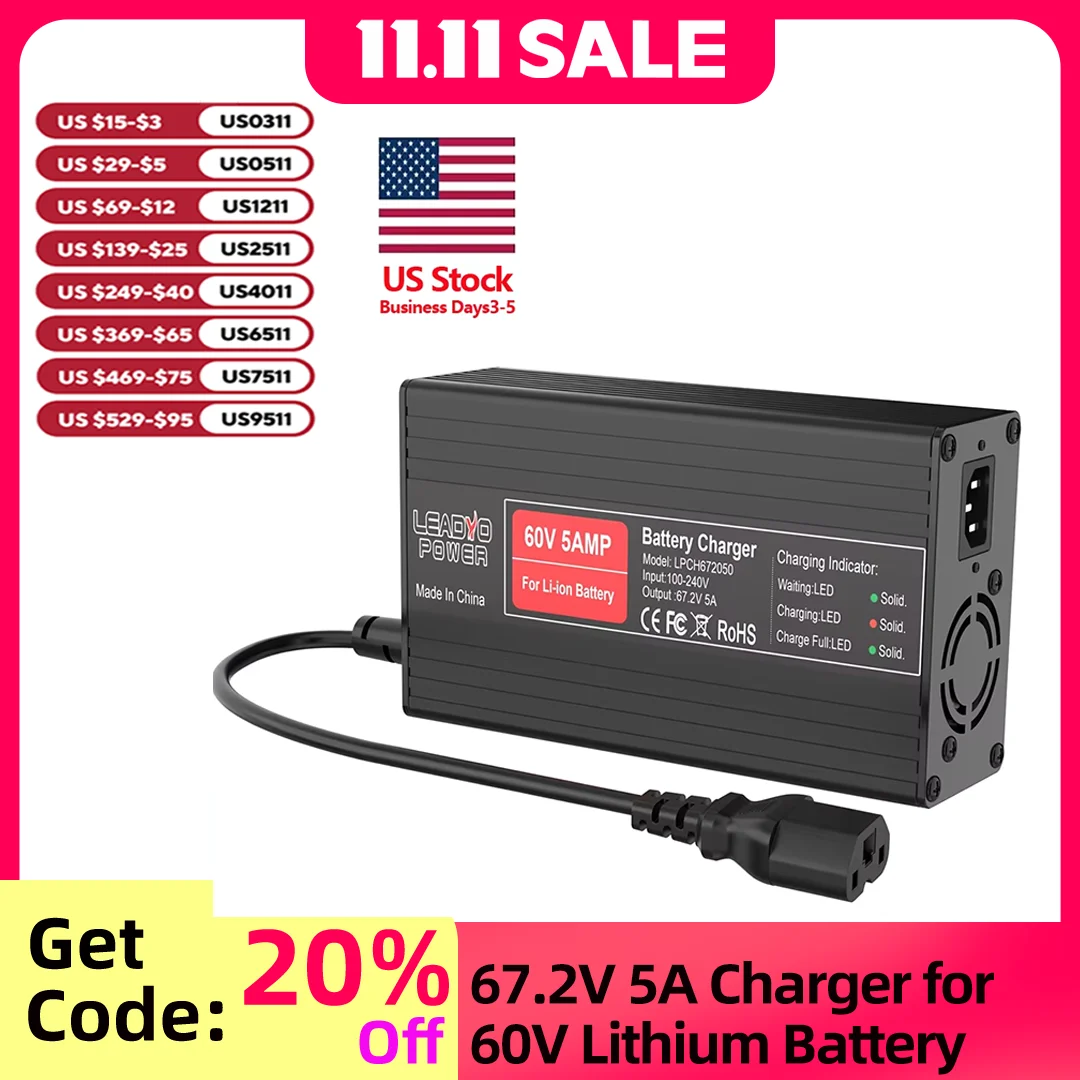 

67.2V 5A Battery Charger 16S 60V Lithium ion battery For Electric Motorcycle With IEC Charger Port Fast Charging