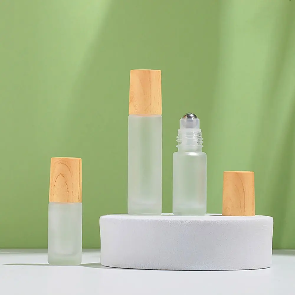 Frosted Glass Empty Bottle Wood Grain Cover 5/10ml Essential Oil Vials Roll on Steel Ball Glass Dropper Perfume Oil Cream