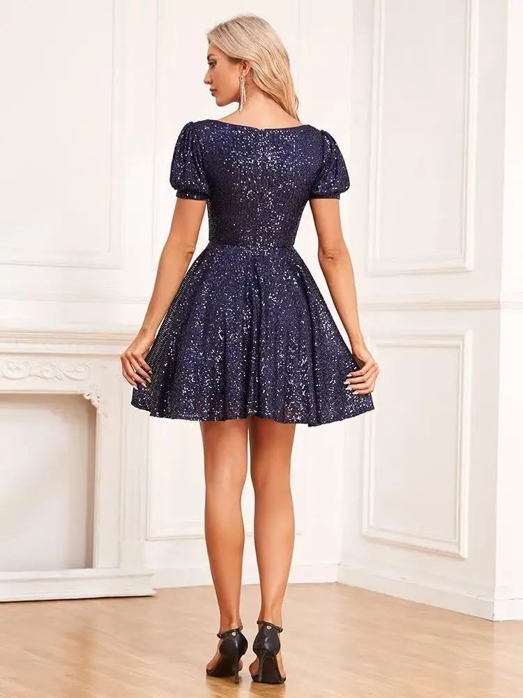Youth Shiny Glitter Short Sleeve Mini Dress 2025 Back to School Formal Cocktail Party Evening Gown for Club Events
