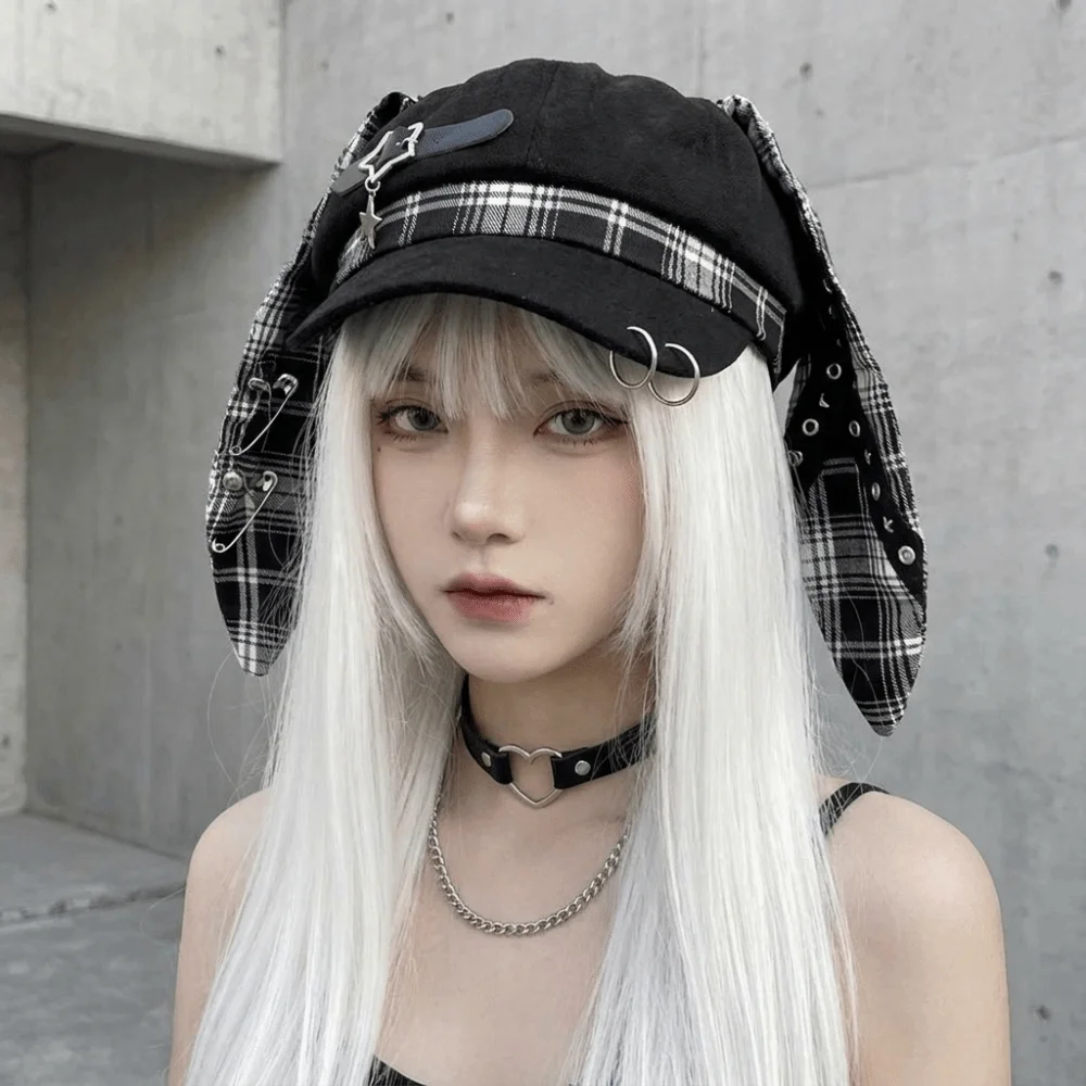 Fashion Rabbit Ears Plaid Beret Hat Irregular Thin Brim Octagonal Hat Gothic Lollita Painter Artist Cap Daily
