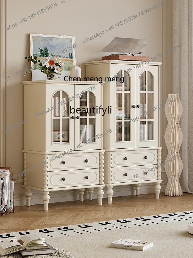 

cc182French cream wind solid wood high and low cabinet combination household white storage locker living room wall wine cabinet