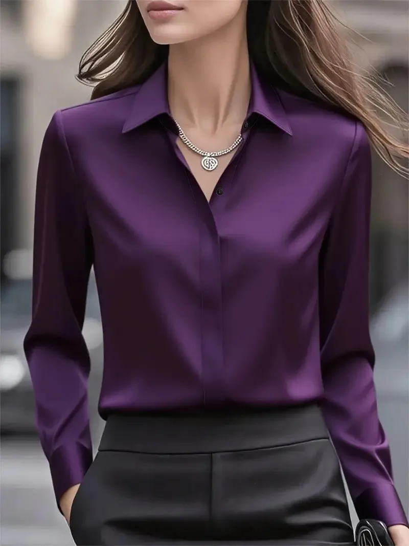 Camisa de manga larga de color sólido para mujer: blusa básica versátil, tops clásicos de oficina