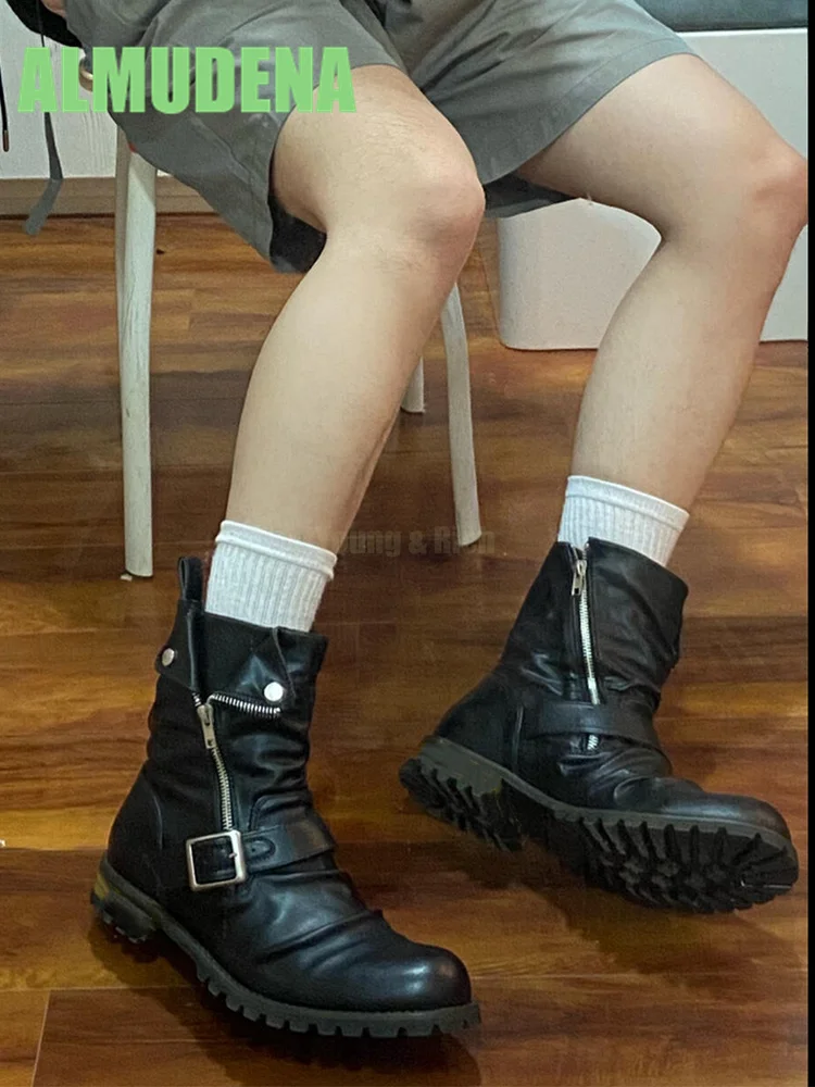 Slant Zipper Pleated Motorcycle Boots Fashionable Trendy for Both Men and Women Side Zipper Western Style Leather Short Boots
