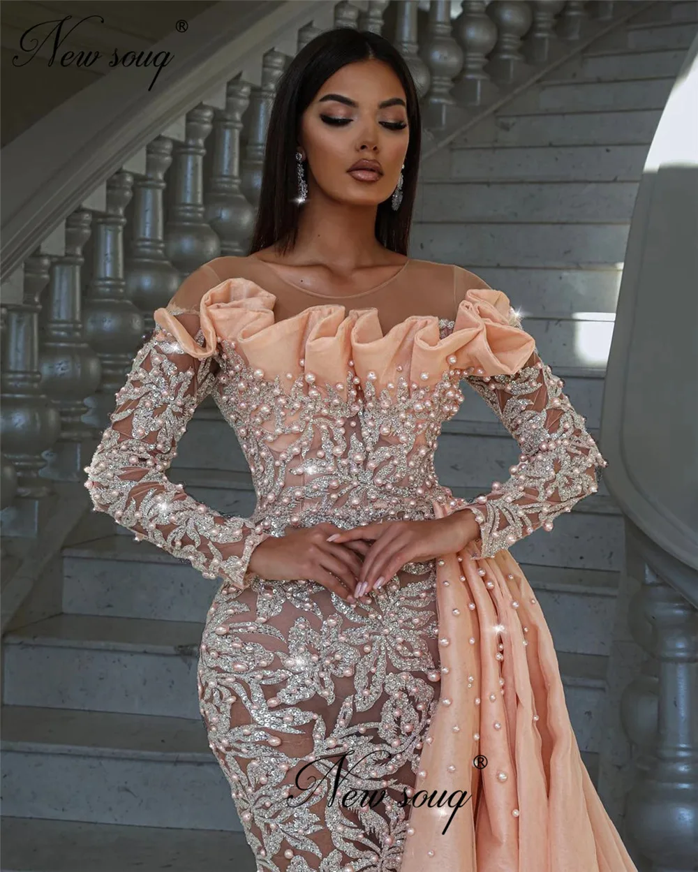 Elegant Glitter Beaded Celebrity Dresses With Slit Customize Off Shoulder Pearls Evening Dresses Arabic Dubai Long Wedding Party