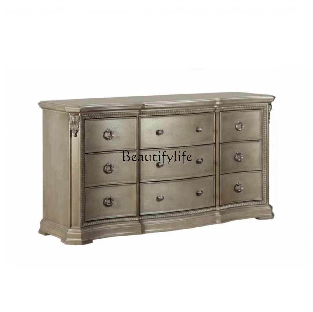 

American light luxury solid wood chest, entrance cabinet, bedroom retro nine chest carving