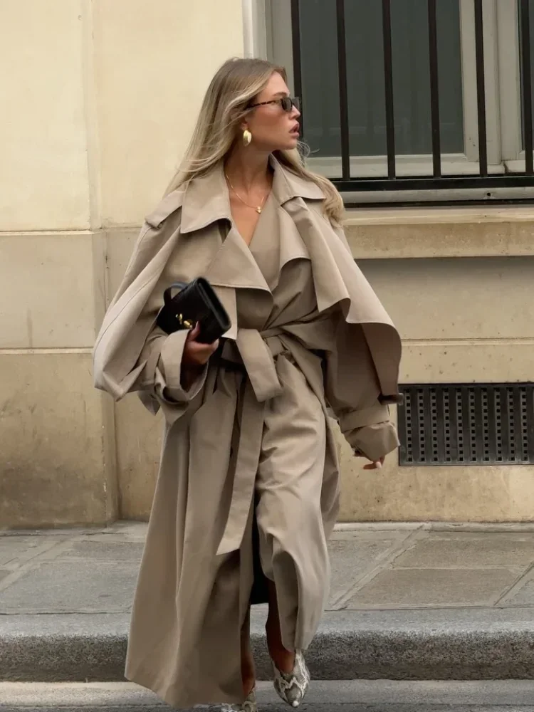 Khaki Lace Up Cape Trench Coat Loose Solid Full Sleeve Lapel Windbreaker 2026 Autumn New Fashion Commute Casual Daily Coats