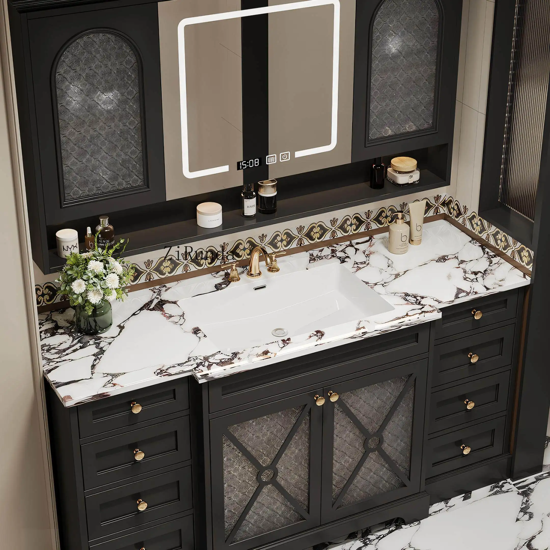 Slate seamless ceramic basin floor-to-ceiling American retro style rubber wood bathroom cabinet washstand