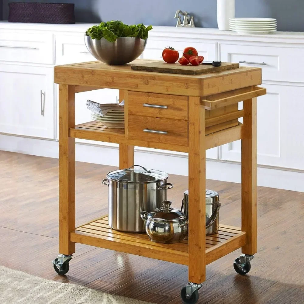 

Rolling Kitchen Island Cart with Drawers Shelves,Locking Casters, Butcher Block Food Prepping Cart Trolley on Wheels,Bamboo Wood