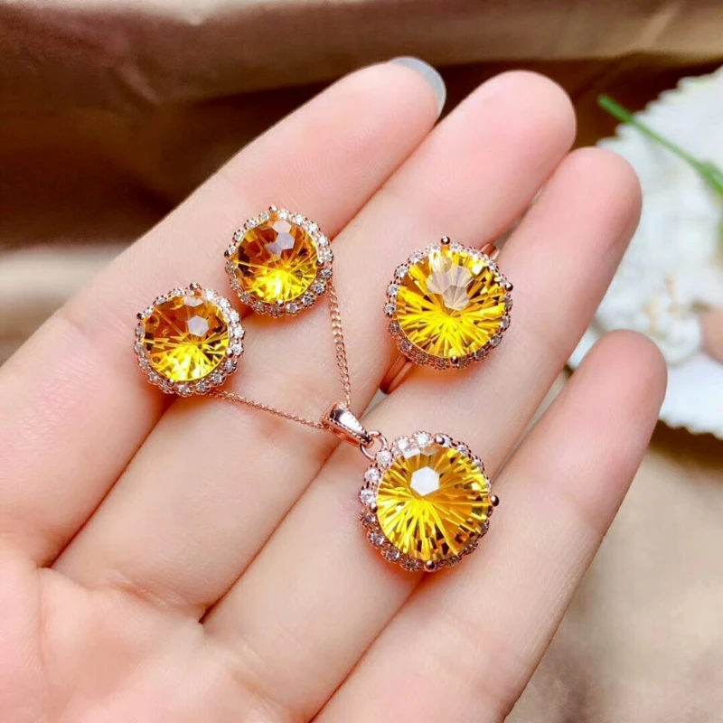 Fireworks Natural Citrine Jewelry Set 925 Silver Necklace Earrings Ring Three-piece Suite Wedding Jewelry for Women