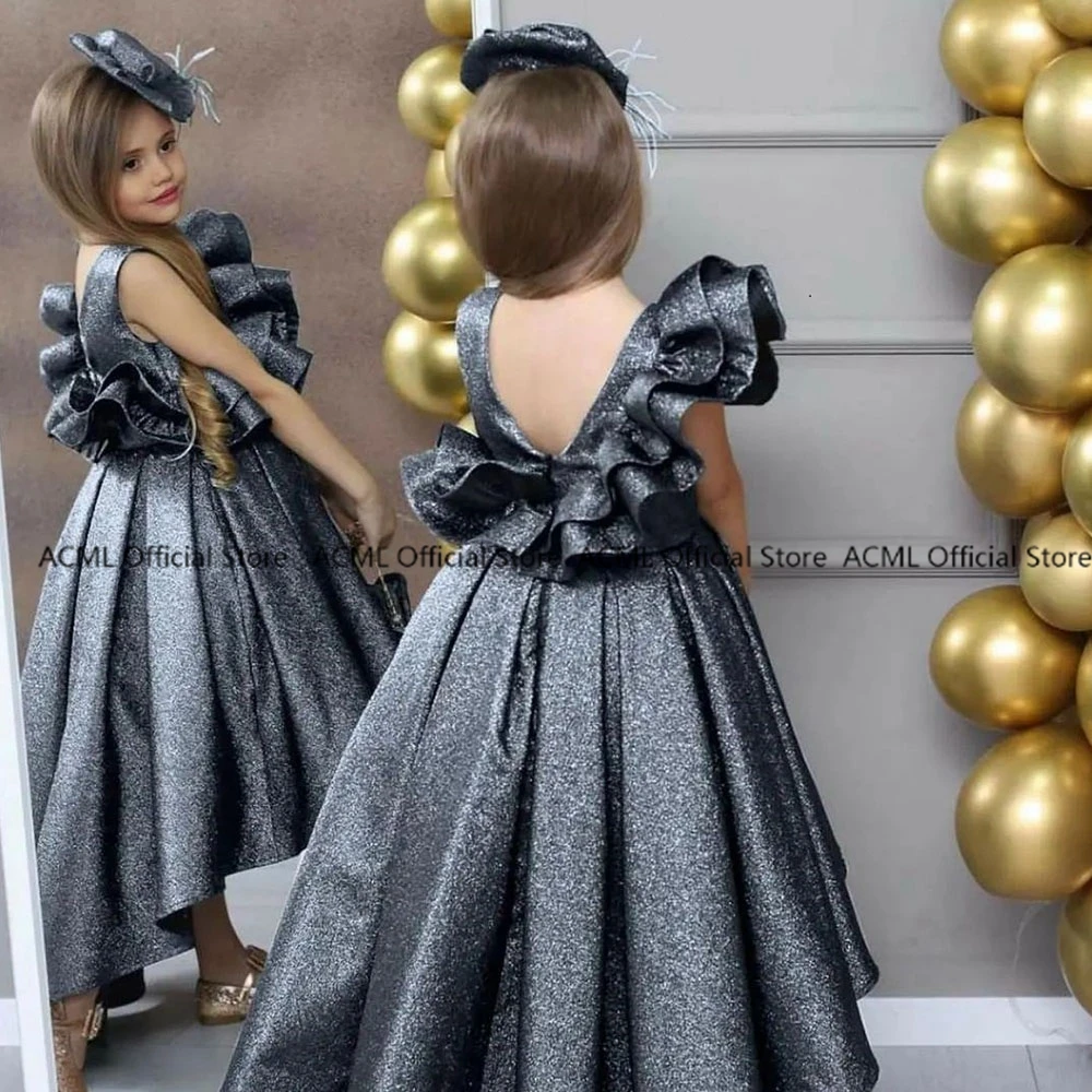 New Arrival A Line Sleeveless Satin First Communion Dress High Low Kids Gowns for Party Back Out Baby Birthday Gowns Summer 2024