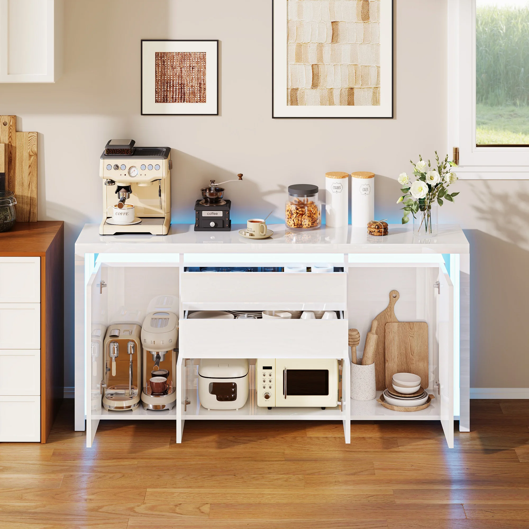 Rosahqnda Sideboard Hochglanzweiß mit LED, modernes Sideboard mit Tür und Schubladen, Buffetschrank, Kommode für die Küche – Detail 5