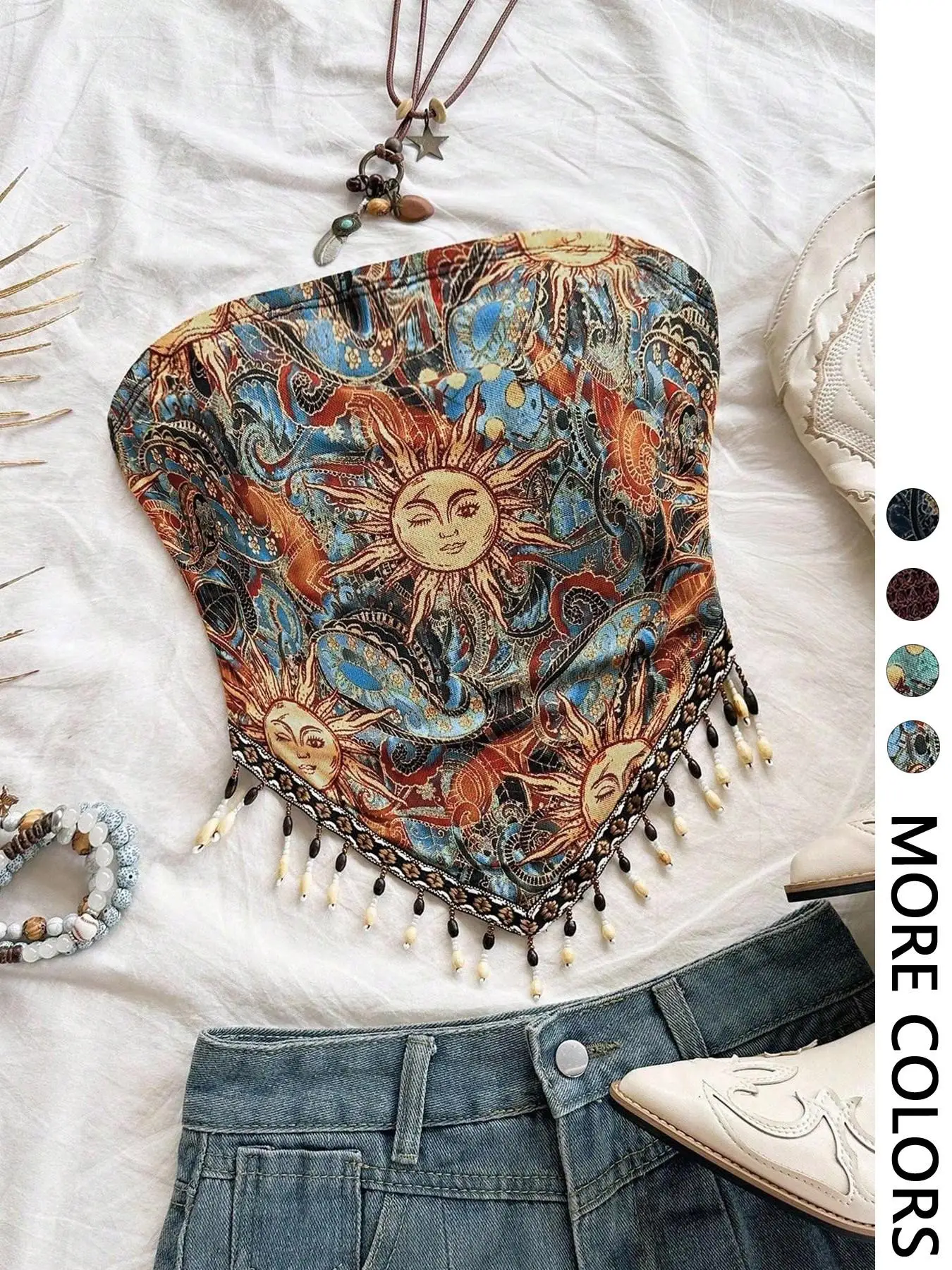 เสื้อเกาะอกผ้าตาข่ายพิมพ์ลายสำ - Beaded Trim Fringe บทวิจารณ์และราคา