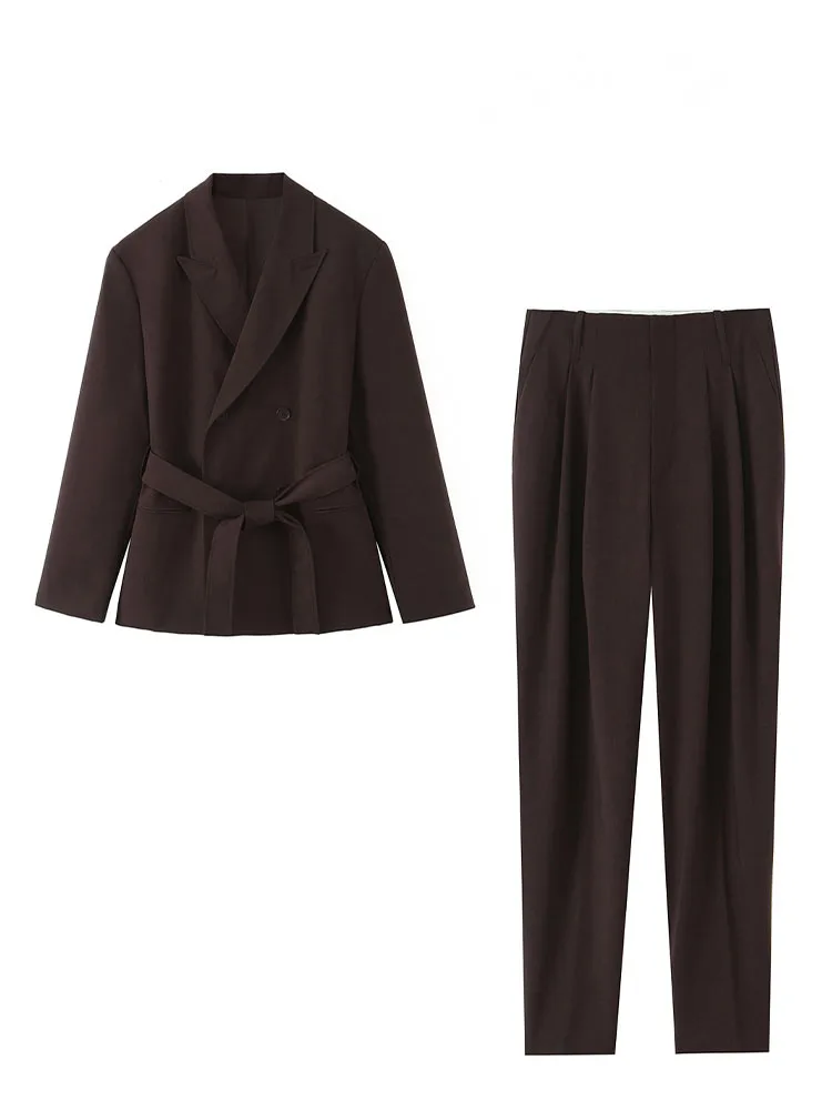 HH Abito da donna in 2 pezzi solido moda colletto rovesciato bottone cintura a maniche lunghe decorare giacca + pantaloni a pieghe con orlo tascabile estivo