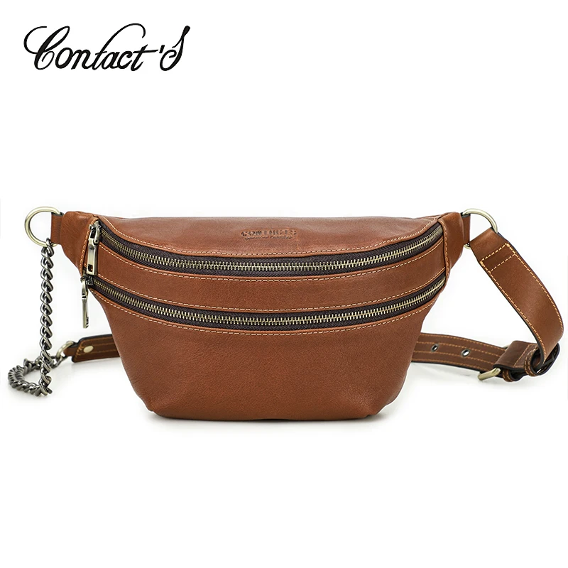 Contact's Women Chest Bag Genuine Leather Design Luxury Travel Chain Sling Crossbody Bag Female Fanny Pack High Quality Handbag