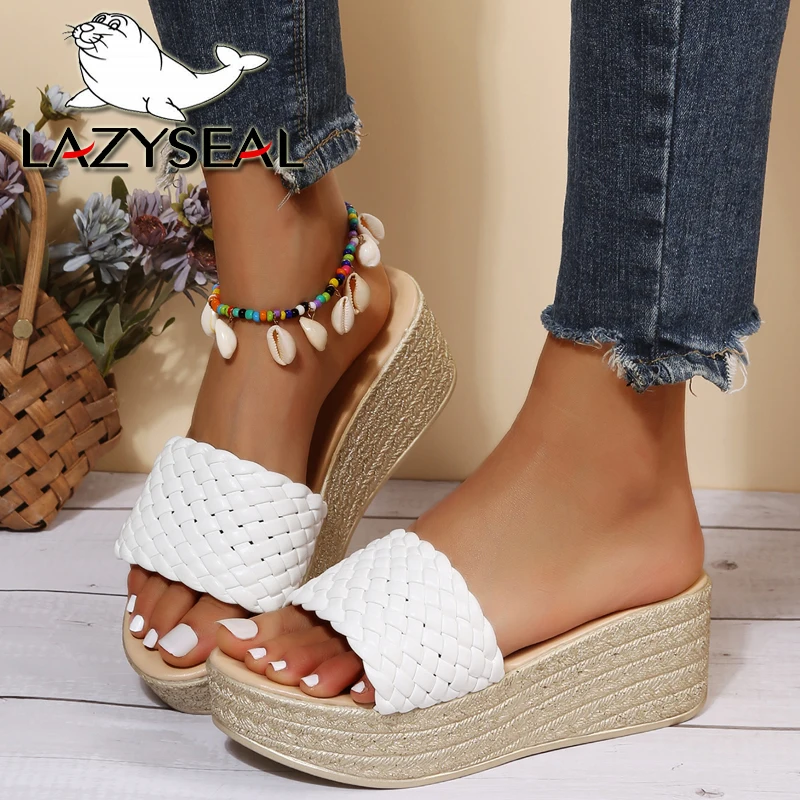 LazySeal 2022 Weave Wedge Slippers Women Platform Sandals Braid Summer Beach Mules Open Toe White Slip On Slides