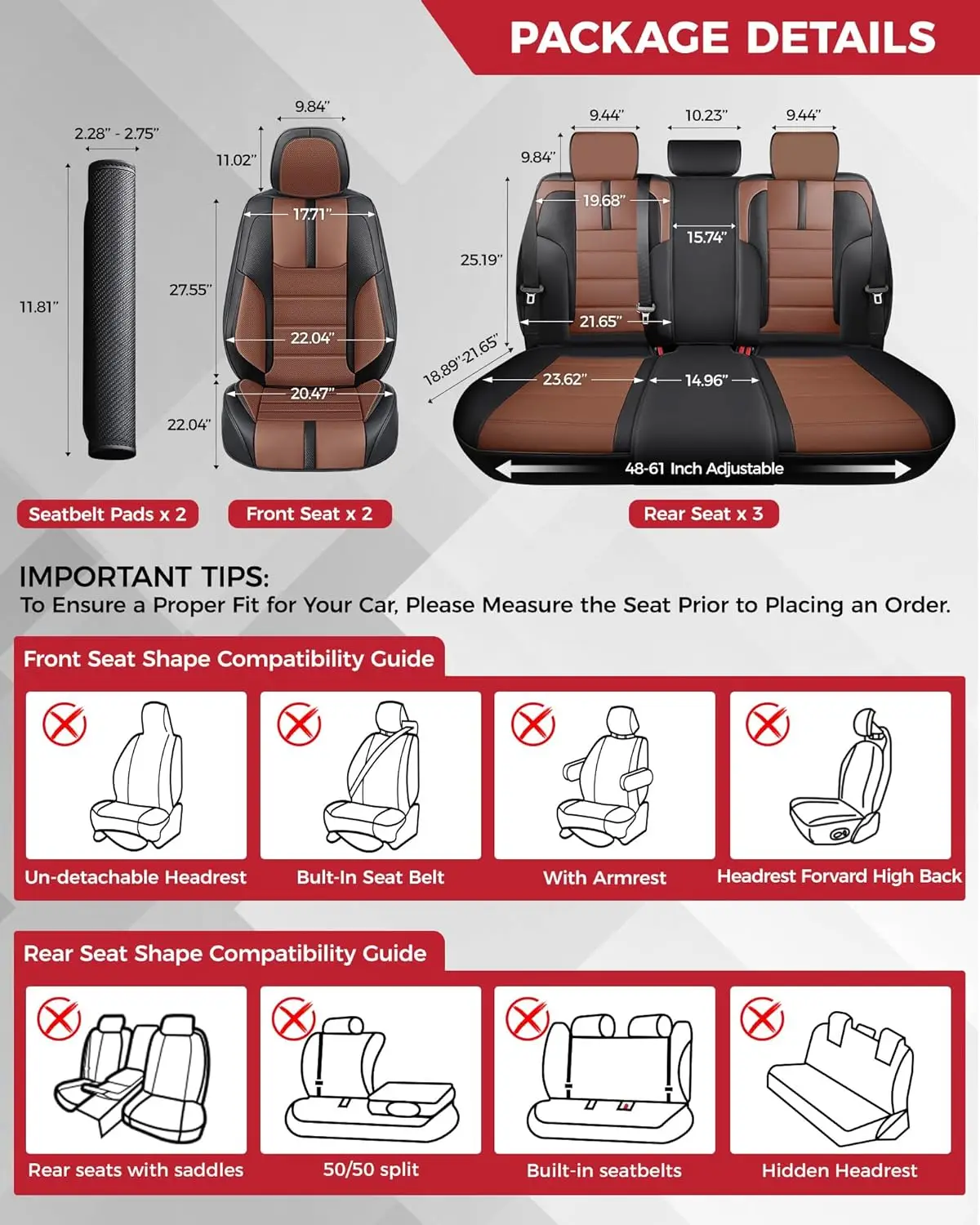 Car Seat Covers for Most 5 Seats Sedans, SUVs, Trucks, Pick-ups - Faux Nappa Leather, Black & Brown, Ultra Waterproof