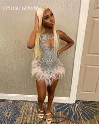 Sparkly Sheer O Neck Short Prom Dress Beaded Crystal Diamond Birthday Party Gowns Feather Mini Cocktail Homecoming Customized
