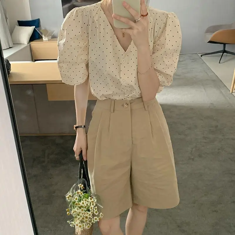 

Women Clothes Summer Korean Fashion Polka Dot Solid Color V-neck Tops Femme Office Lady Trend Appear Thin Shorts Two-piece Set