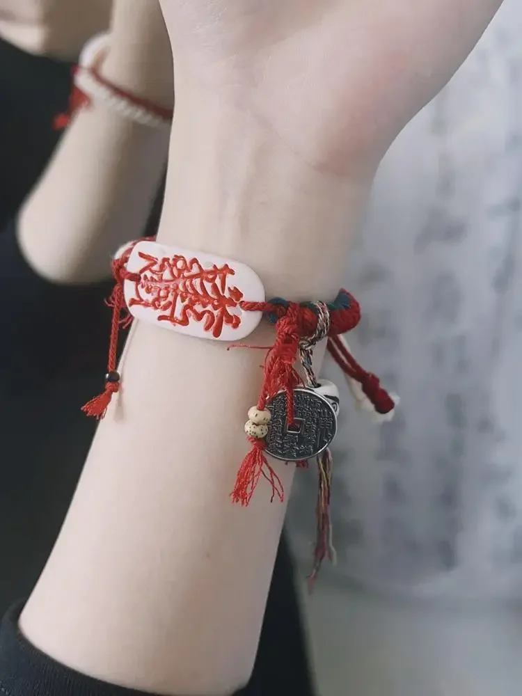 Chinese Style Five-way God of Wealth Camel Bone Hand Card Hand-woven Hand Rope Mountain Ghost Spending Sterling Silver Bracelet