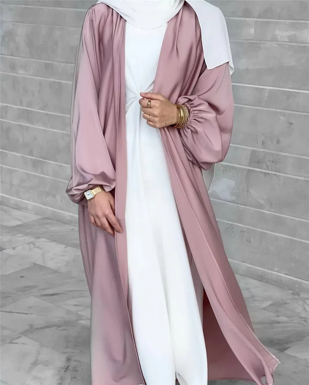 Abaya en Satin Ouvert pour Femme, Kimono de Turquie, Manches Bouffantes, Robe Hijab Musulmane Unie, Islam, Tenue Modeste, Kaftan, Nouvelle Collection