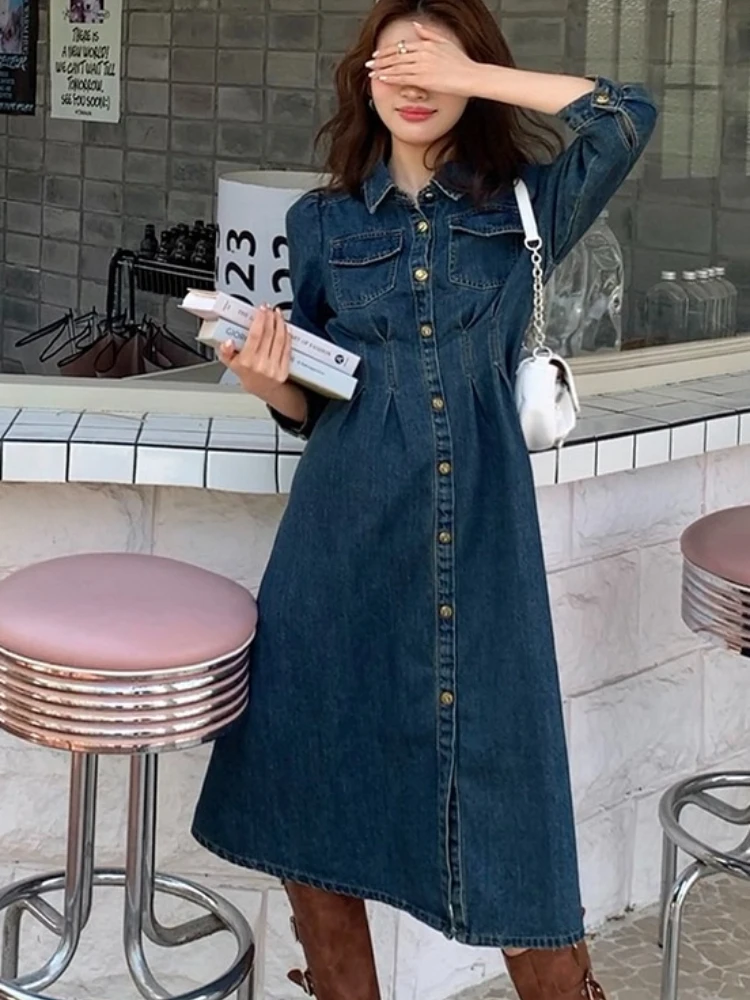 High Waist Pleated Waist-Cinching Midi Dresses 2026 Spring Vintage Denim Dress Retro Slim-Fit Long Frock For Women