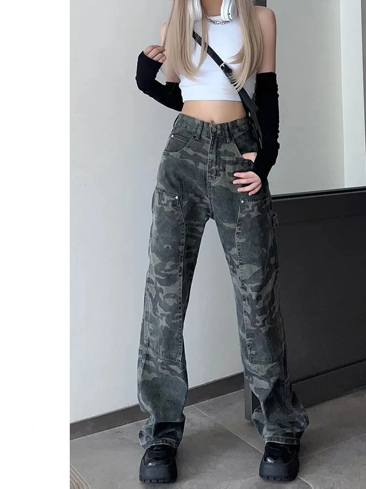 

Women's Street Style Camouflage Cargo Pants Summer Cool Girl Vintage Bottoms Female High Waisted Baggy Straight Neutral Trousers