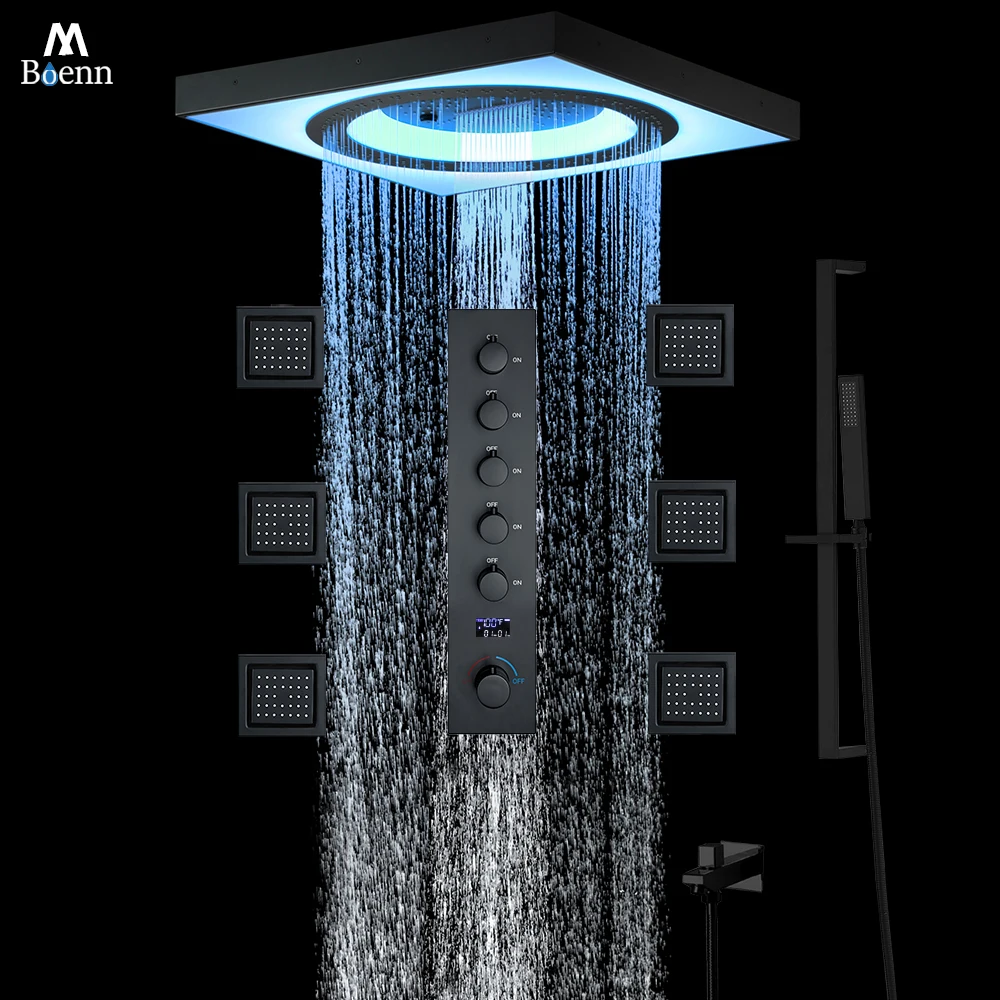 Luxury Black Shower System Set with Hot and Cold Concealed Bathtub Shower Faucet Bathroom High Pressure Waterfall Showerhead Tap